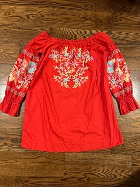 Free People Red Embroidered Off-Shoulder Mini Dress